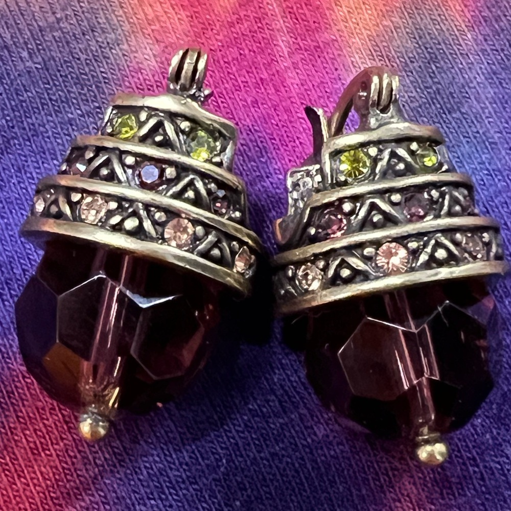 Heidi Daus earrings / Silver and Purple Swarovski crystals multi color vintage